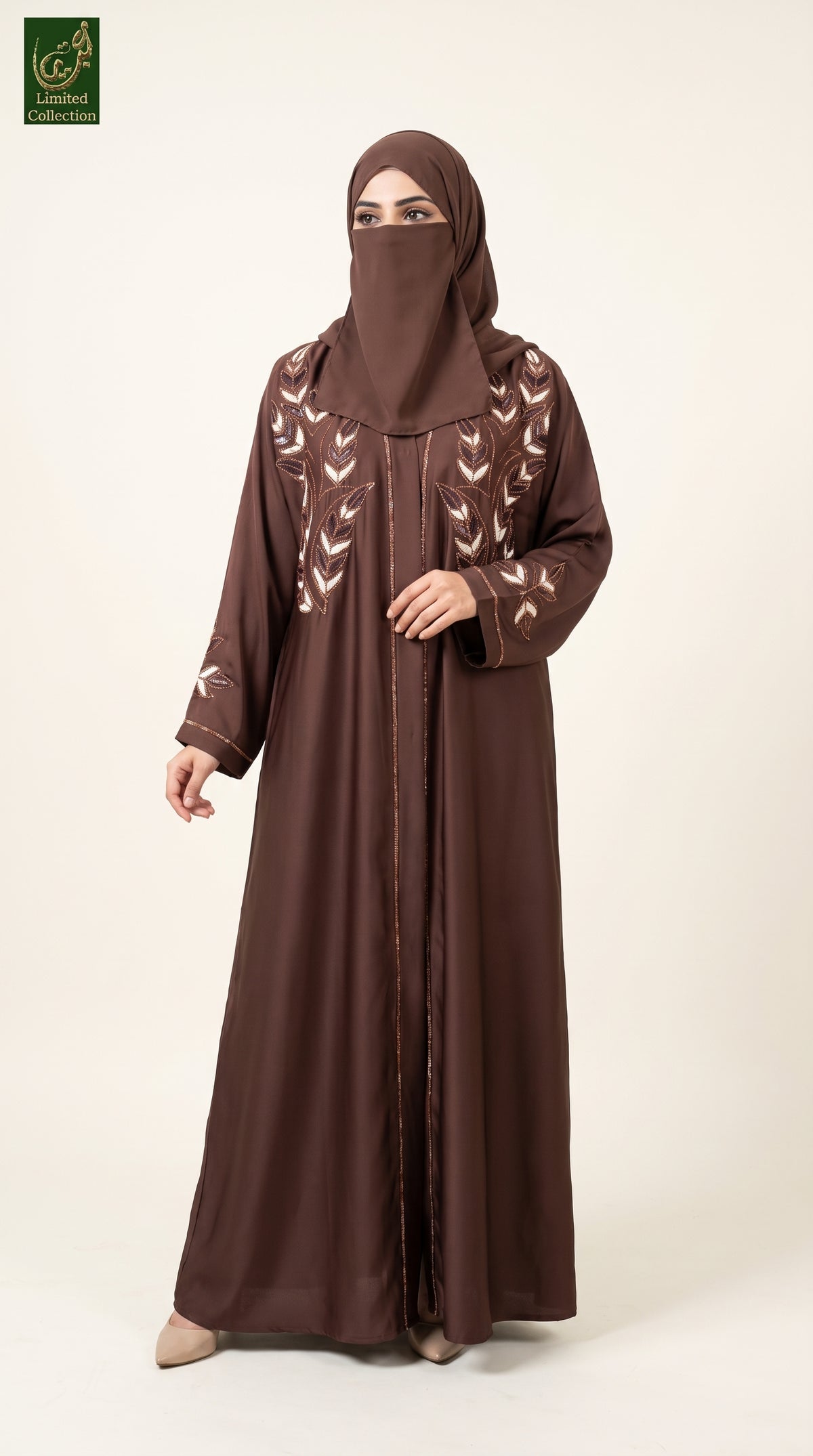 Front Open Leafy Embroidery Stonework Abaya | Premium Romantic Nida Stone-Studded Embroidered Abaya