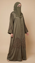 Front-Open Camellia Blossom Handcrafted Tissue Cutdana | Premium Romantic Nida Handmade Cutdana Abaya