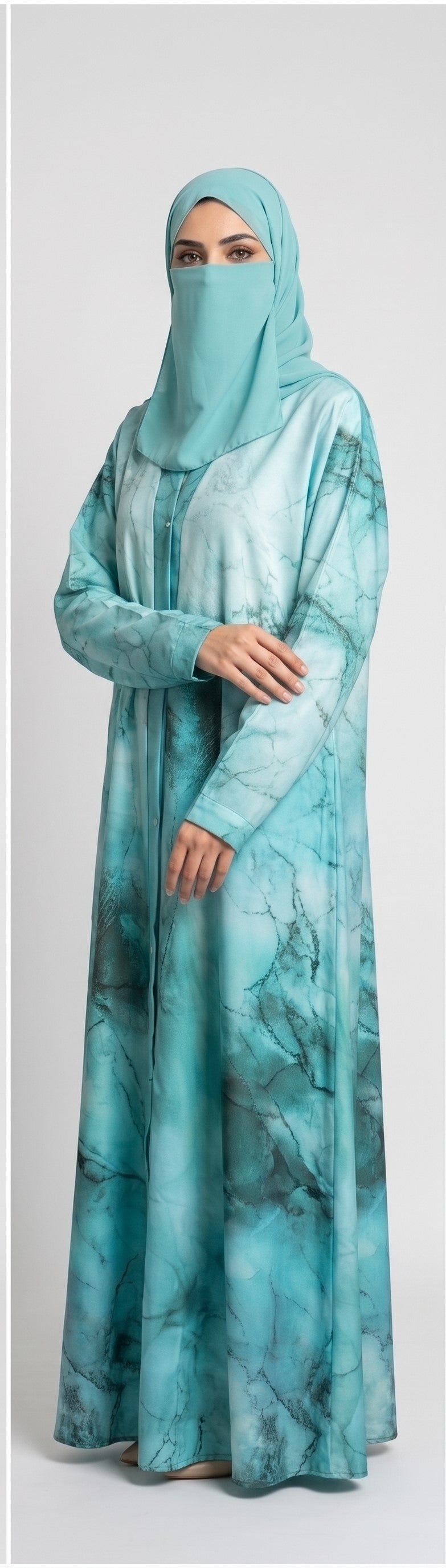 Front-Open Self-Print Nida Abaya | Marble Wash Abaya with Side Pockets