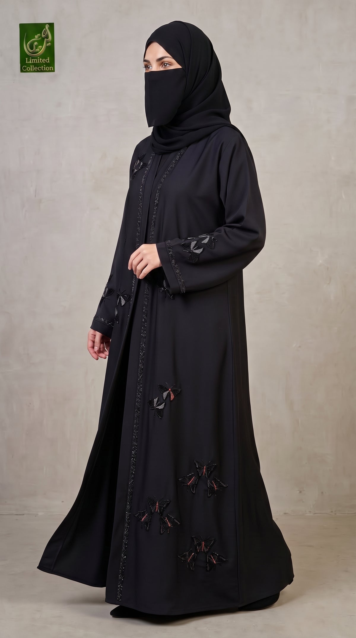 Front-Open Scattered Butterflies Stonework Embroidered Black Abaya | Premium Romantic Nida Black Embroidered Stone-StuddedAbaya
