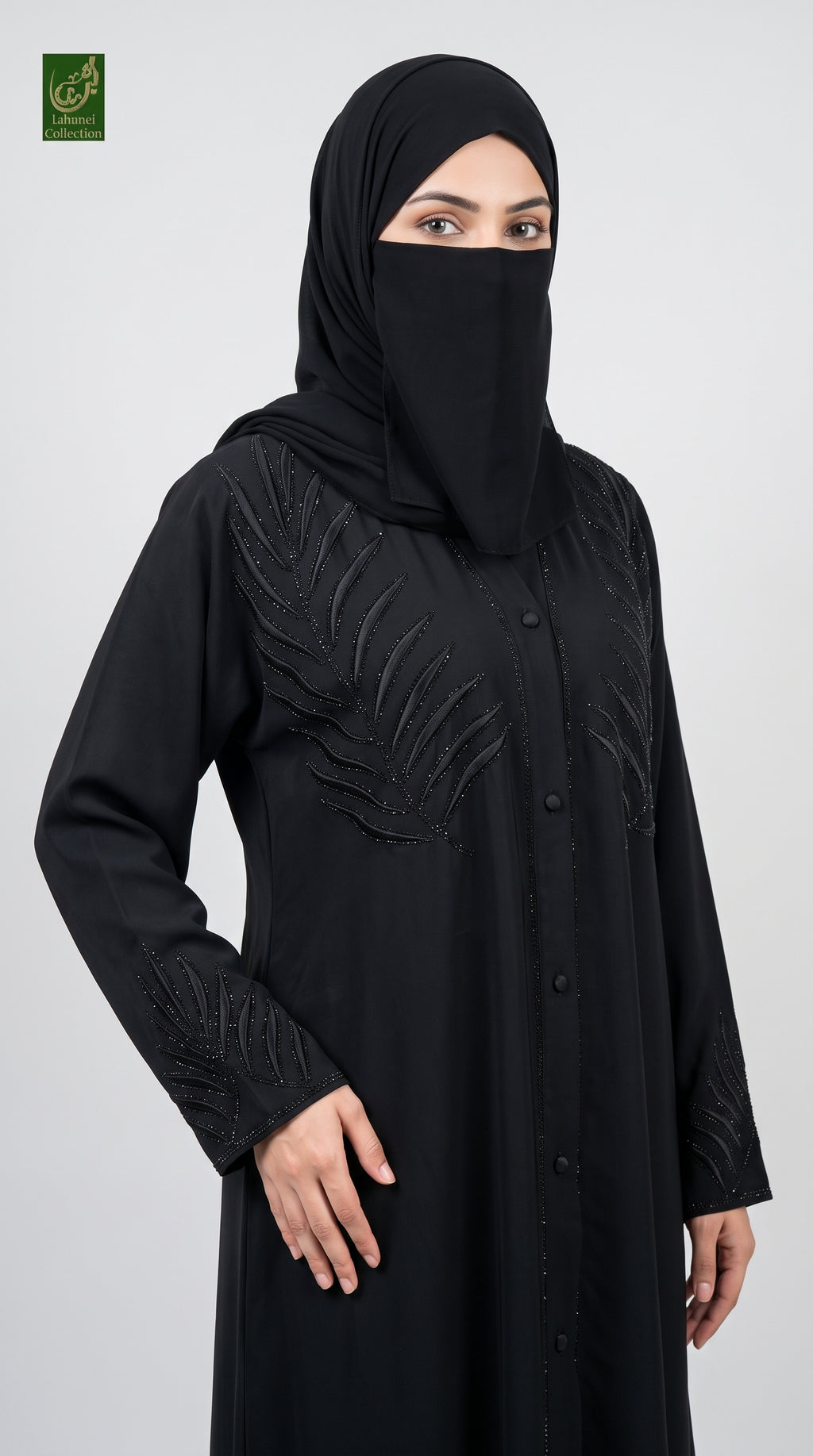 black beautiful front-open abaya with black stonework and embroidery