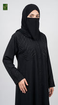 black beautiful front-open abaya with black stonework and embroidery