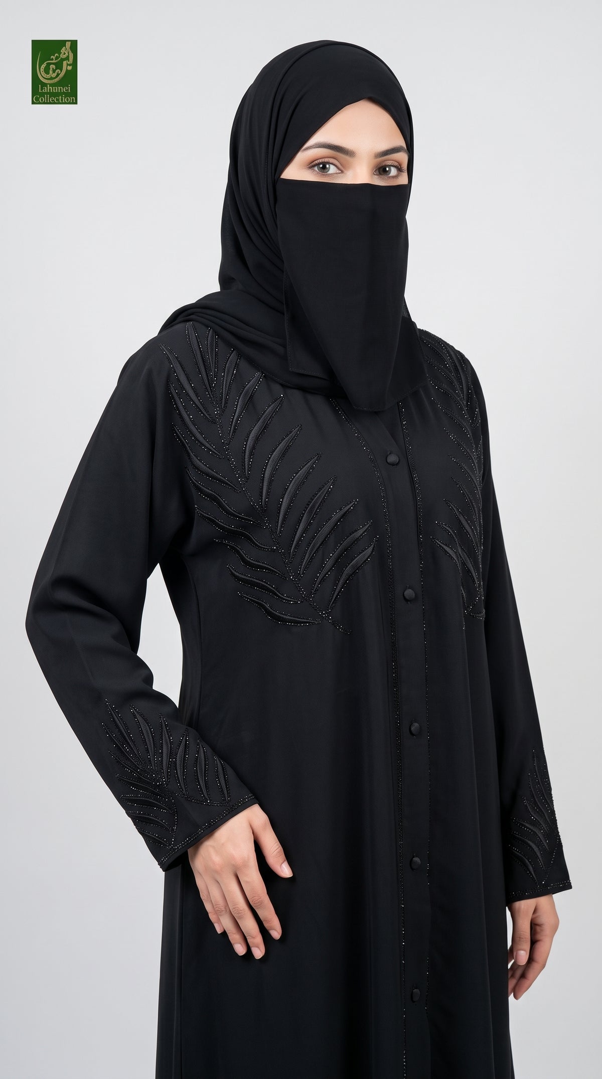 black beautiful front-open abaya with black stonework and embroidery