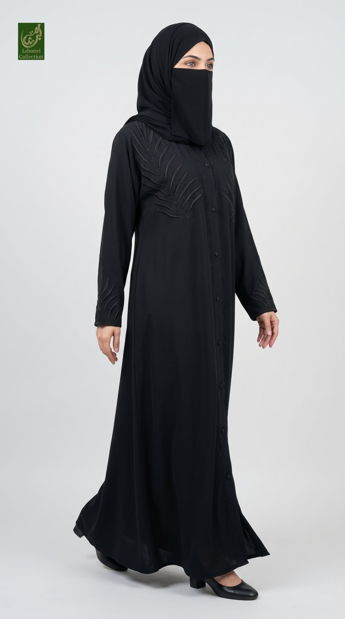black beautiful front-open abaya with black stonework and embroidery