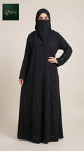 Front-Open Black Handcrafted Floral Cutdana Abaya | Premium Nida Black Abaya with Embellished Hem & Sleeves