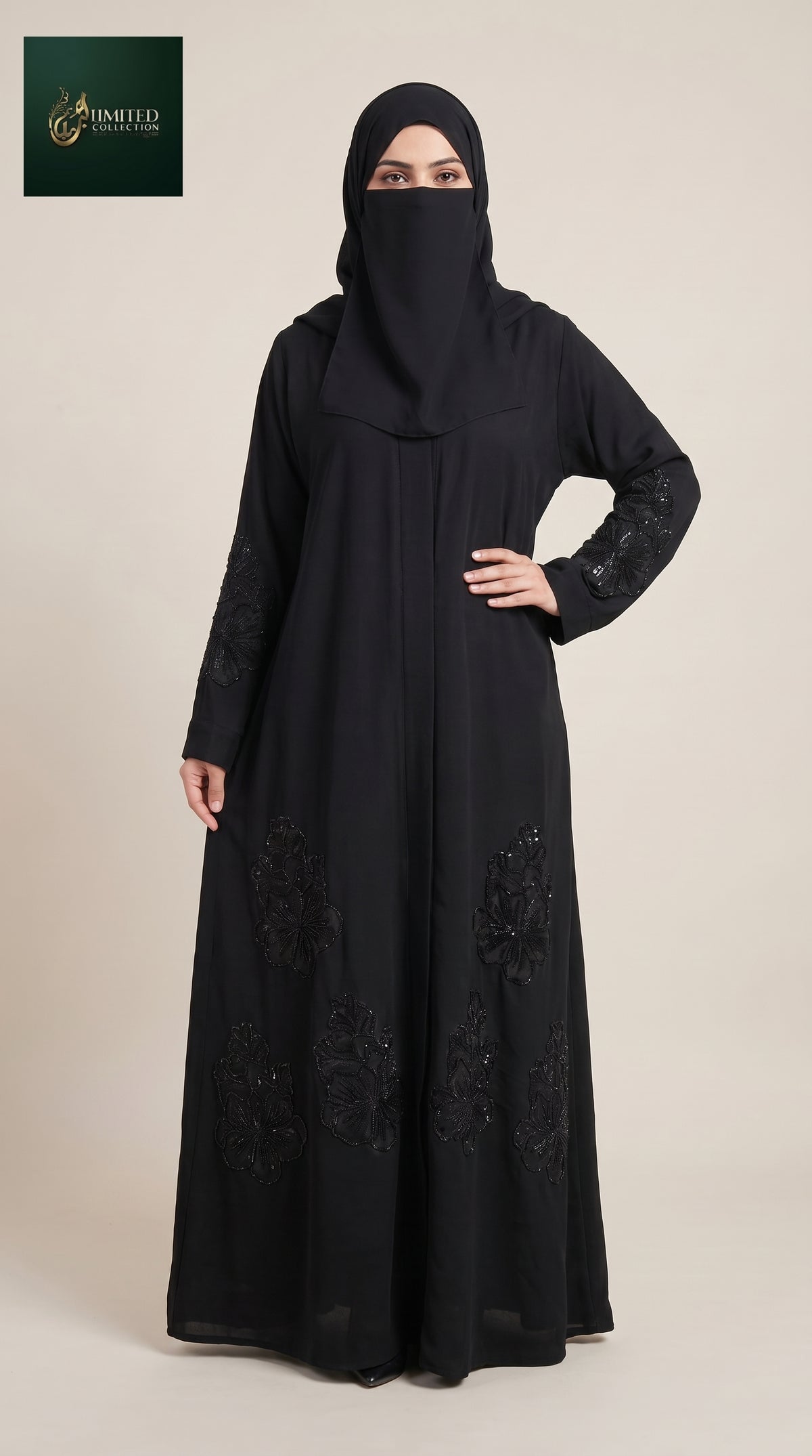 Front-Open Black Handcrafted Floral Cutdana Abaya | Premium Nida Black Abaya with Embellished Hem & Sleeves