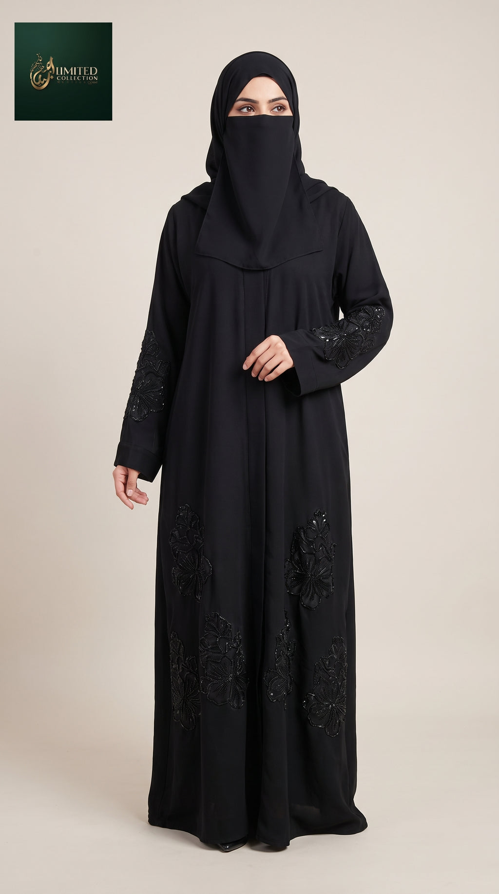 Front-Open Black Handcrafted Floral Cutdana Abaya | Premium Nida Black Abaya with Embellished Hem & Sleeves