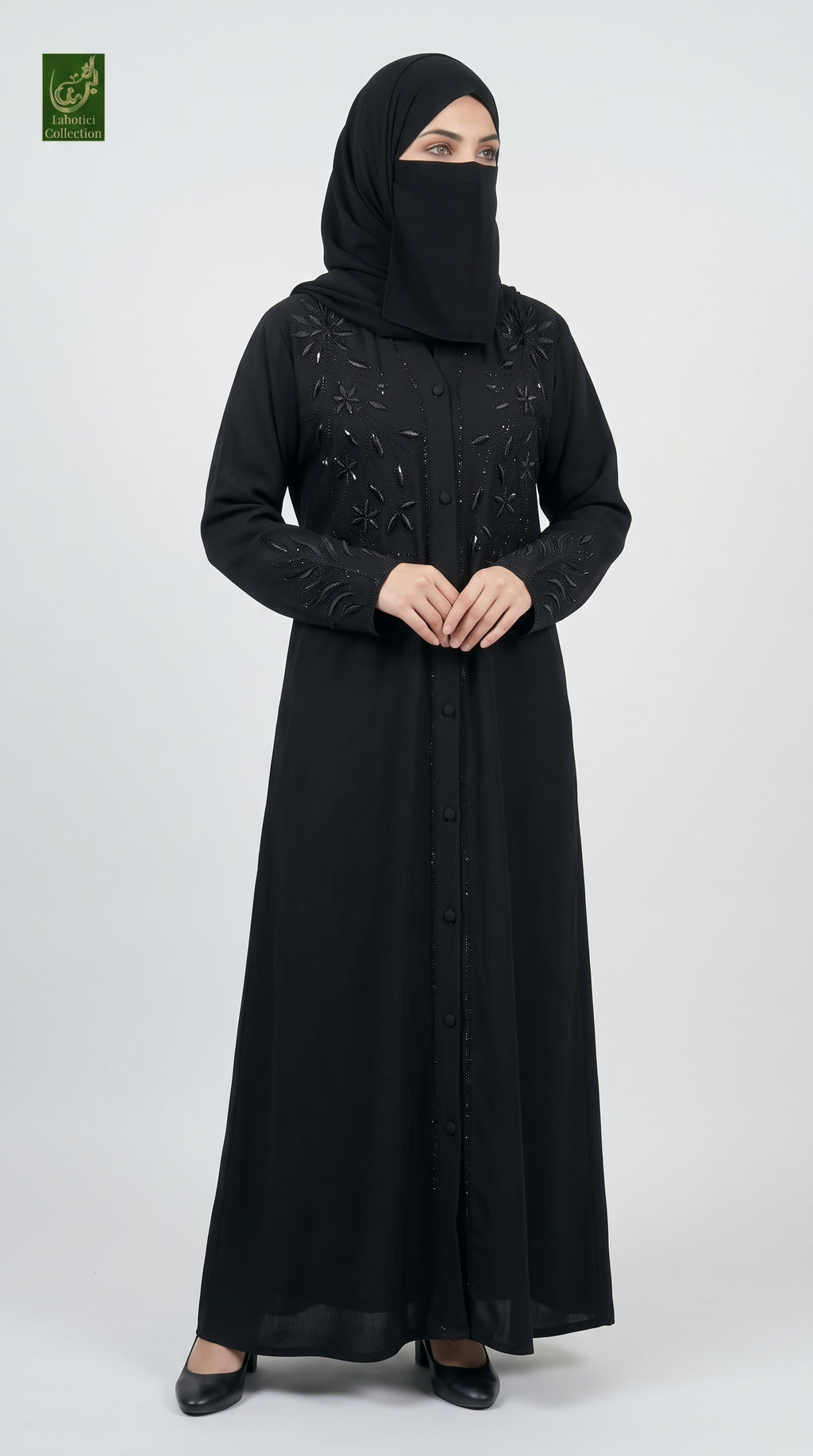 Front-Open Tonal Floral Stonework Embroidery Abaya | Premium Nida Embroidered Stone-Studded Abaya