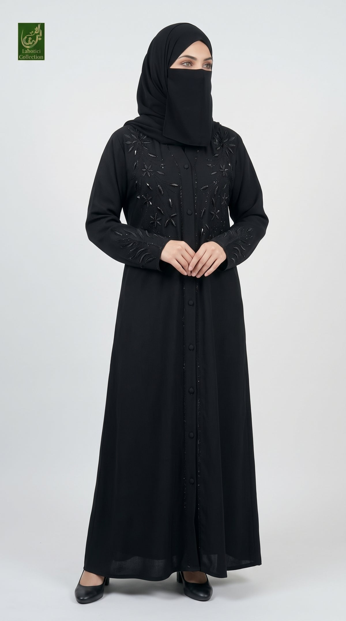Front-Open Tonal Floral Stonework Embroidery Abaya | Premium Nida Embroidered Stone-Studded Abaya