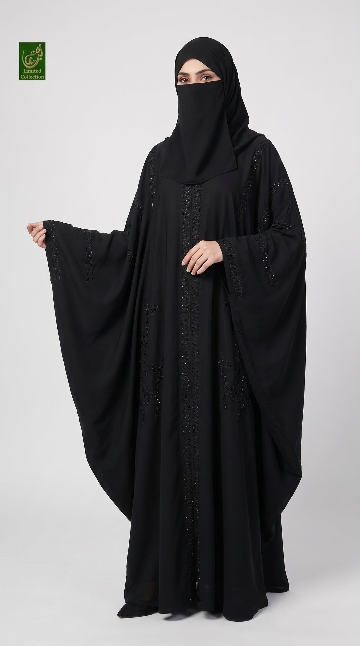 Front-Open Embroidered Stone Embellished Black Butterfly Abaya | Premium Nida Embroidered Stonework Butterfly Abaya