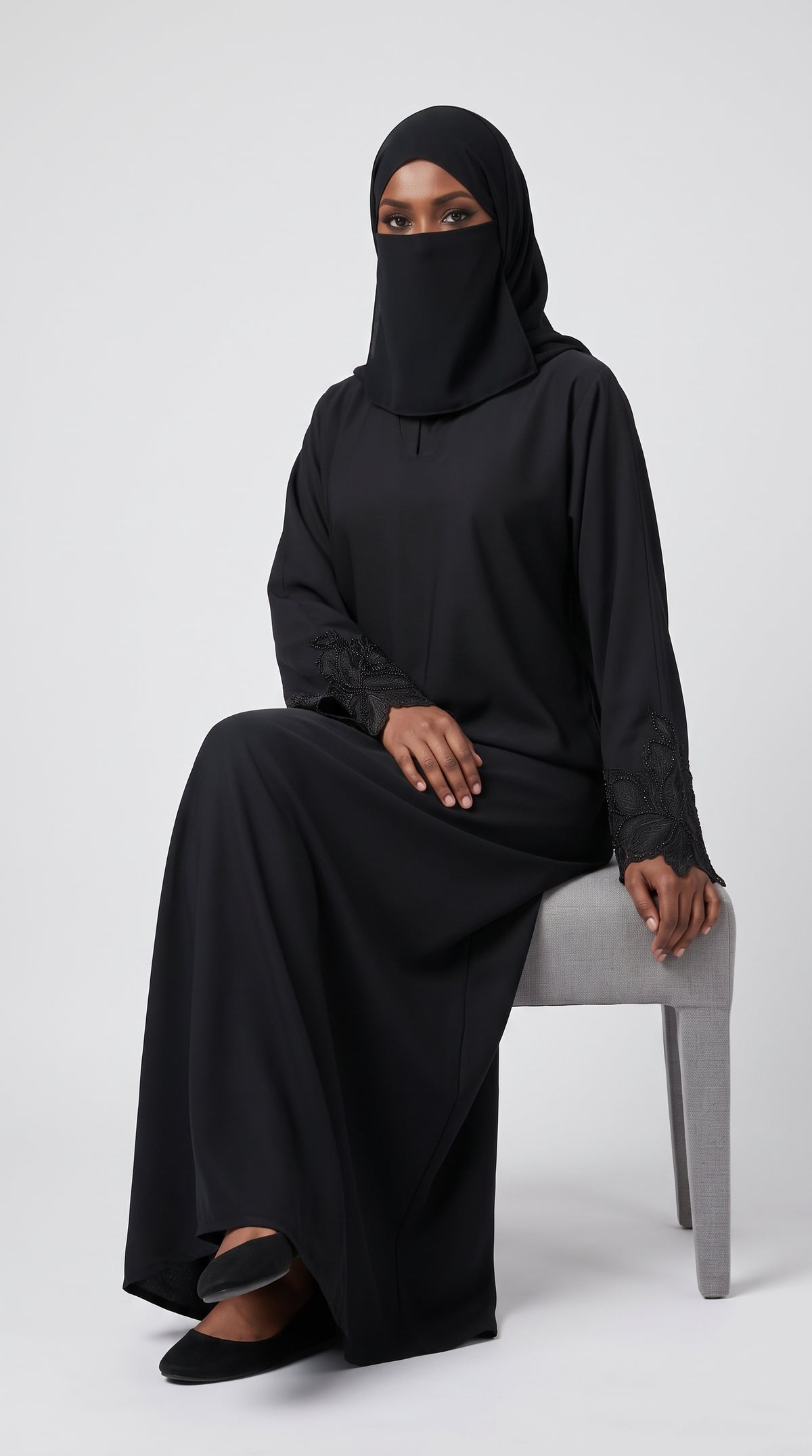 Front-Closed Black Handcrafted Flower Cutdana Maxi Abaya | Premium Nida Black Handwork Cutdana Maxi Abaya