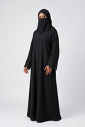 Front-Closed Black Handcrafted Flower Cutdana Maxi Abaya | Premium Nida Black Handwork Cutdana Maxi Abaya