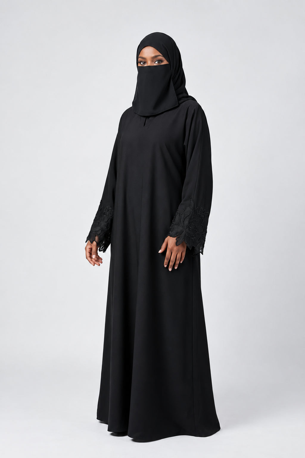 Front-Closed Black Handcrafted Flower Cutdana Maxi Abaya | Premium Nida Black Handwork Cutdana Maxi Abaya