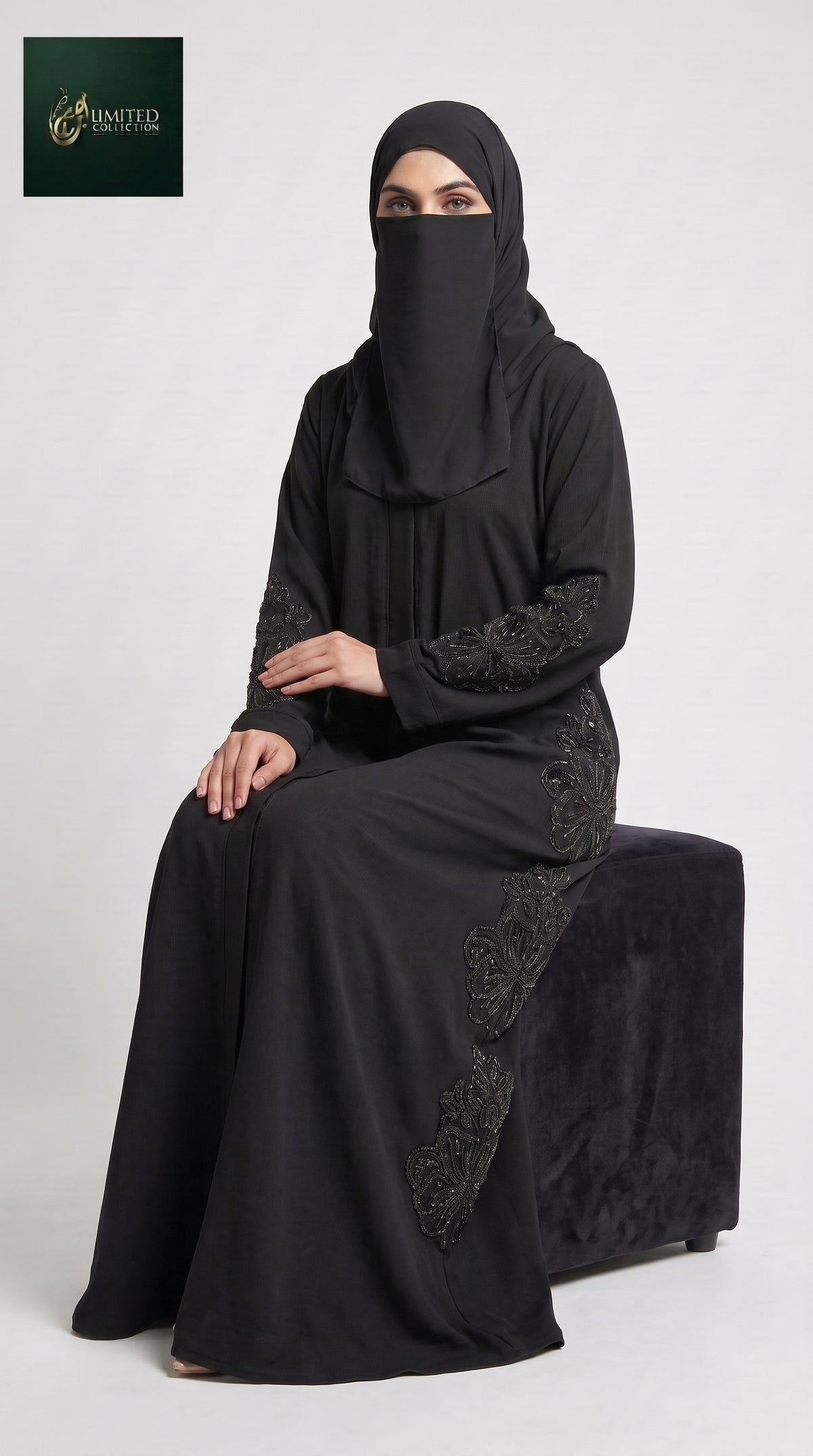 Front-Open Abaya with Cascading Cutdana Handwork | Premium Nida Black Cutdana Embellished Abaya