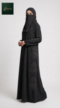 Front-Open Abaya with Cascading Cutdana Handwork | Premium Nida Black Cutdana Embellished Abaya