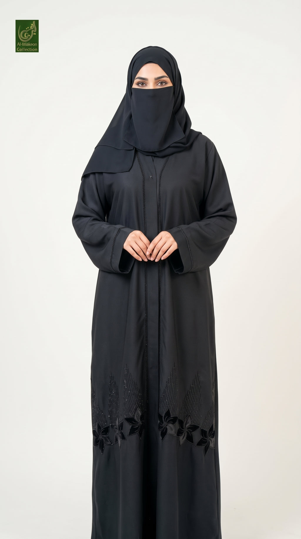 Front-Open Velvet Petal Hem Stonework Embroidery Abaya | Premium Nida Embroidered Stone-Studded Abaya