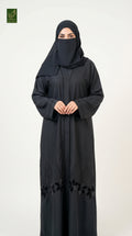 Front-Open Velvet Petal Hem Stonework Embroidery Abaya | Premium Nida Embroidered Stone-Studded Abaya