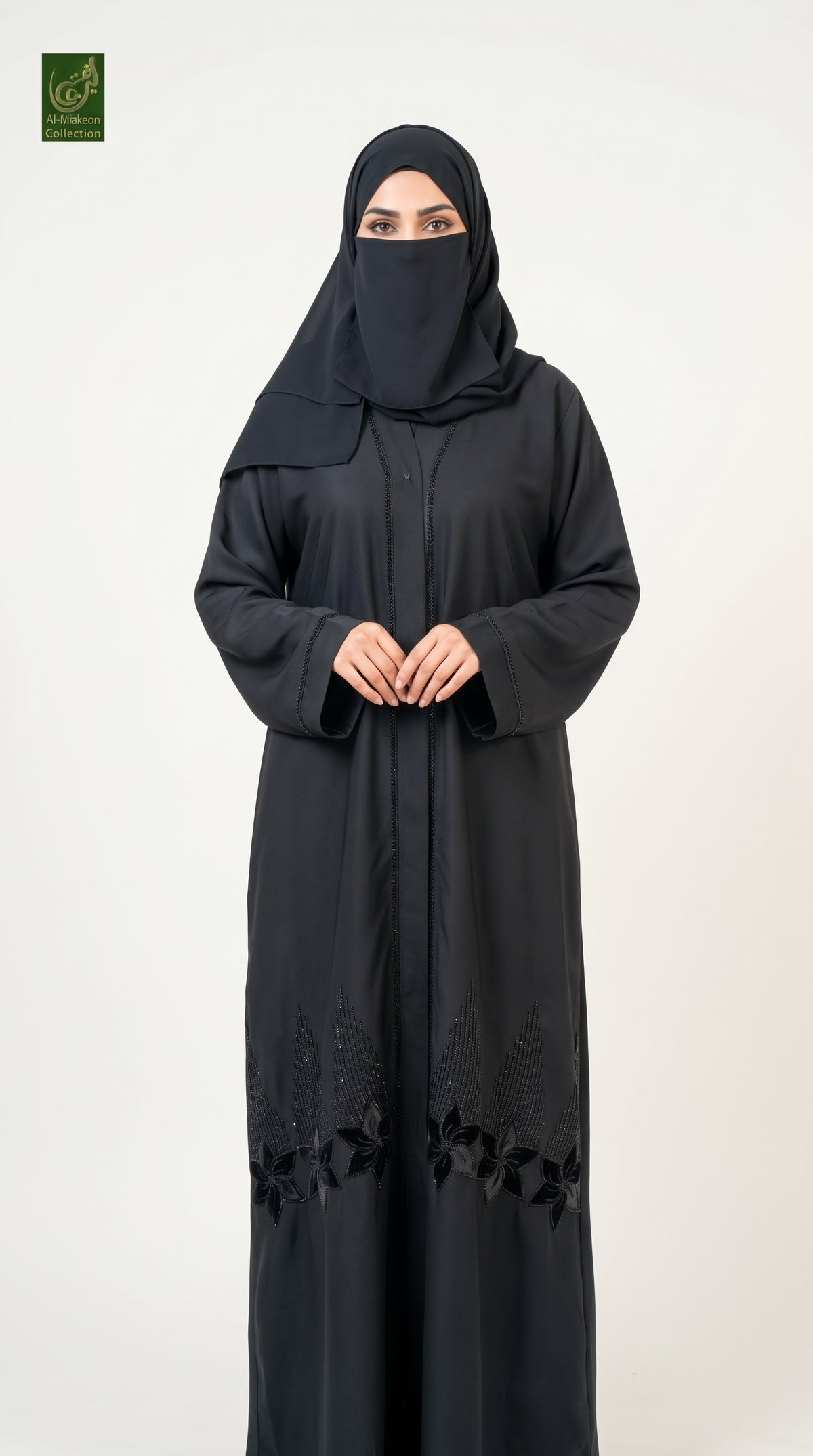 Front-Open Velvet Petal Hem Stonework Embroidery Abaya | Premium Nida Embroidered Stone-Studded Abaya