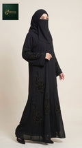 Front-Open Abaya with Blooming Flower Cutdana Handwork | Premium Nida Black Handcrafted Flower Cutdana Embellished Abaya