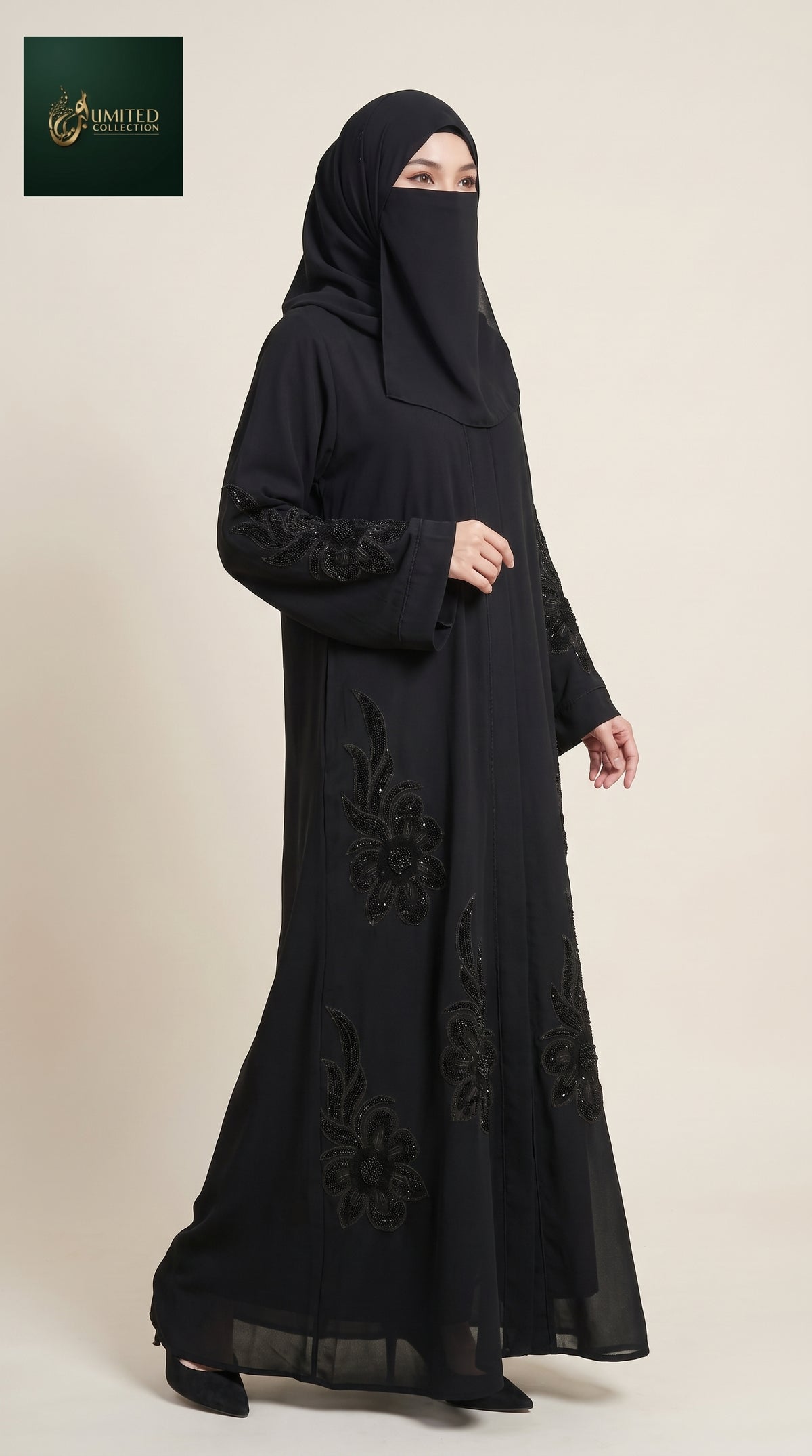 Front-Open Abaya with Blooming Flower Cutdana Handwork | Premium Nida Black Handcrafted Flower Cutdana Embellished Abaya