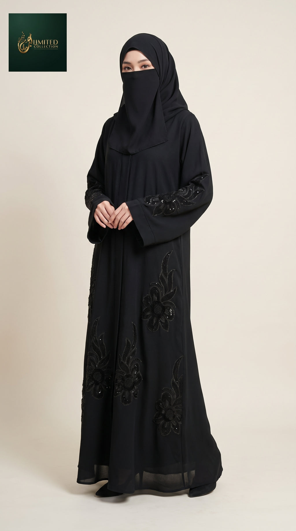 Front-Open Abaya with Blooming Flower Cutdana Handwork | Premium Nida Black Handcrafted Flower Cutdana Embellished Abaya
