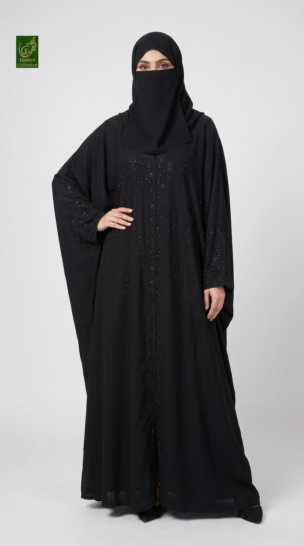 Front-Open Cascading Vine Embroidered Stone-Embellished Black Butterfly Abaya | Premium Nida Embroidered Stonework Butterfly Abaya
