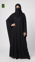 Front-Open Cascading Vine Embroidered Stone-Embellished Black Butterfly Abaya | Premium Nida Embroidered Stonework Butterfly Abaya