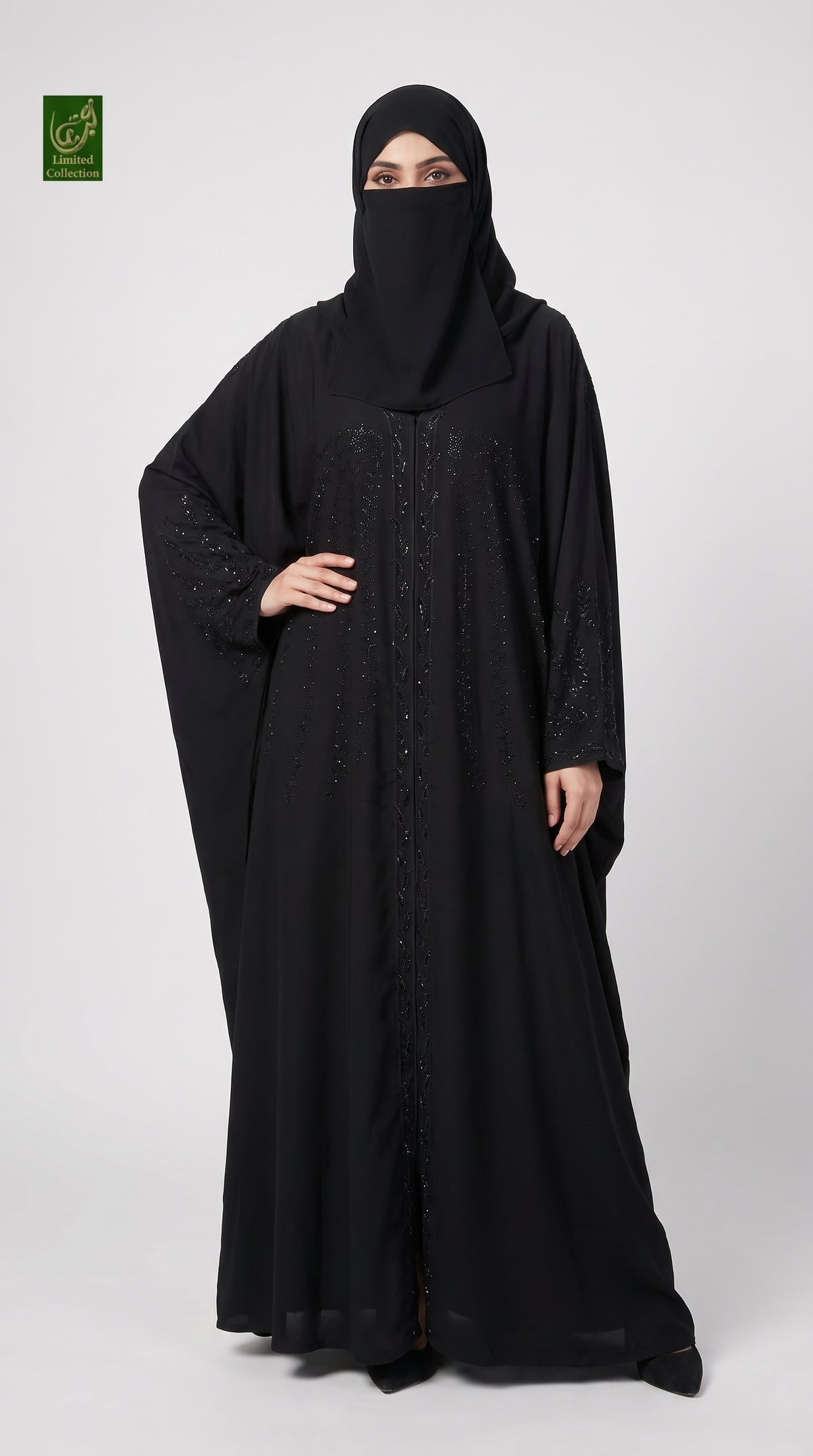 Front-Open Cascading Vine Embroidered Stone-Embellished Black Butterfly Abaya | Premium Nida Embroidered Stonework Butterfly Abaya