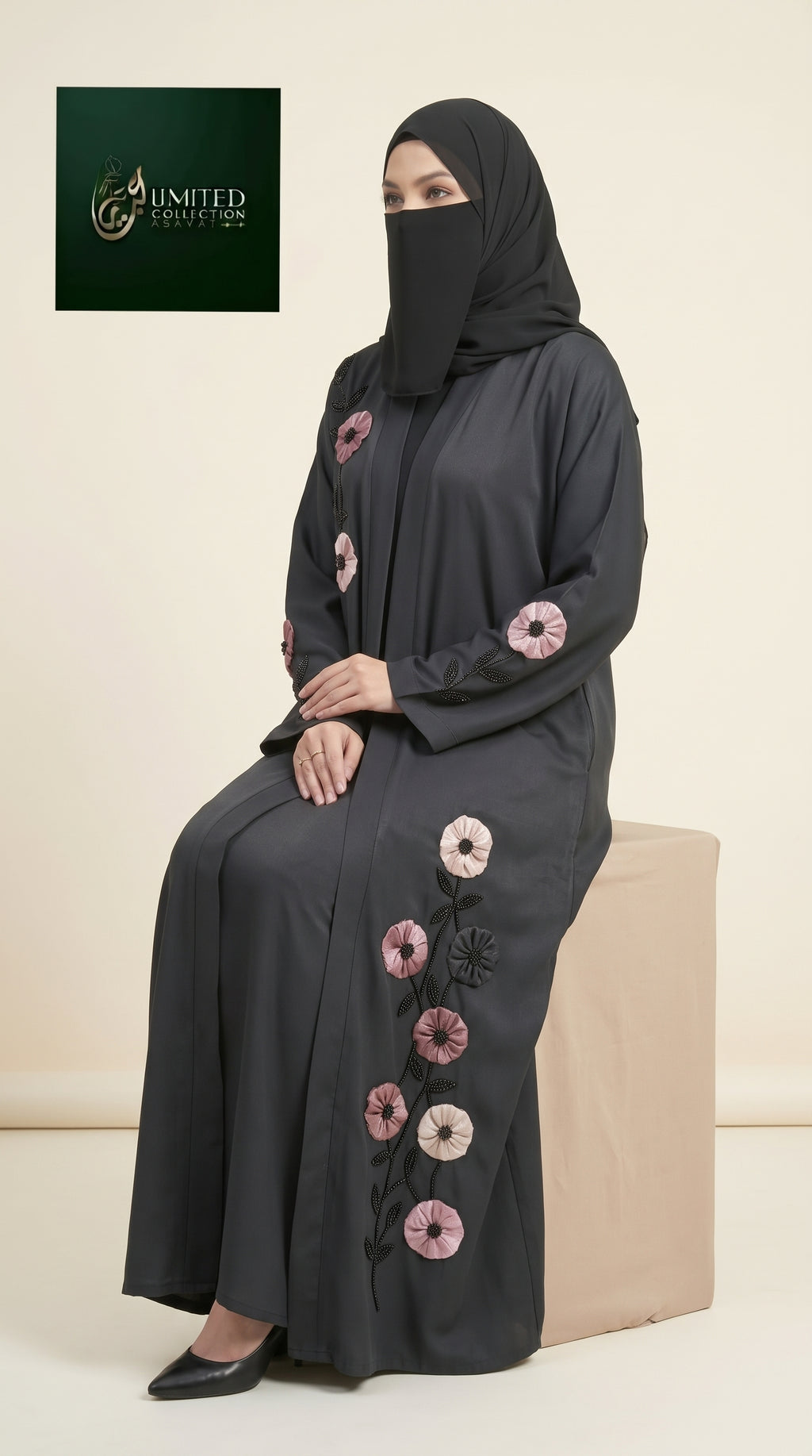 Front-Open Abaya with Floral Tissue Cut-Dana Work | Premium Romantic Nida Handmade Cut-dana Abaya